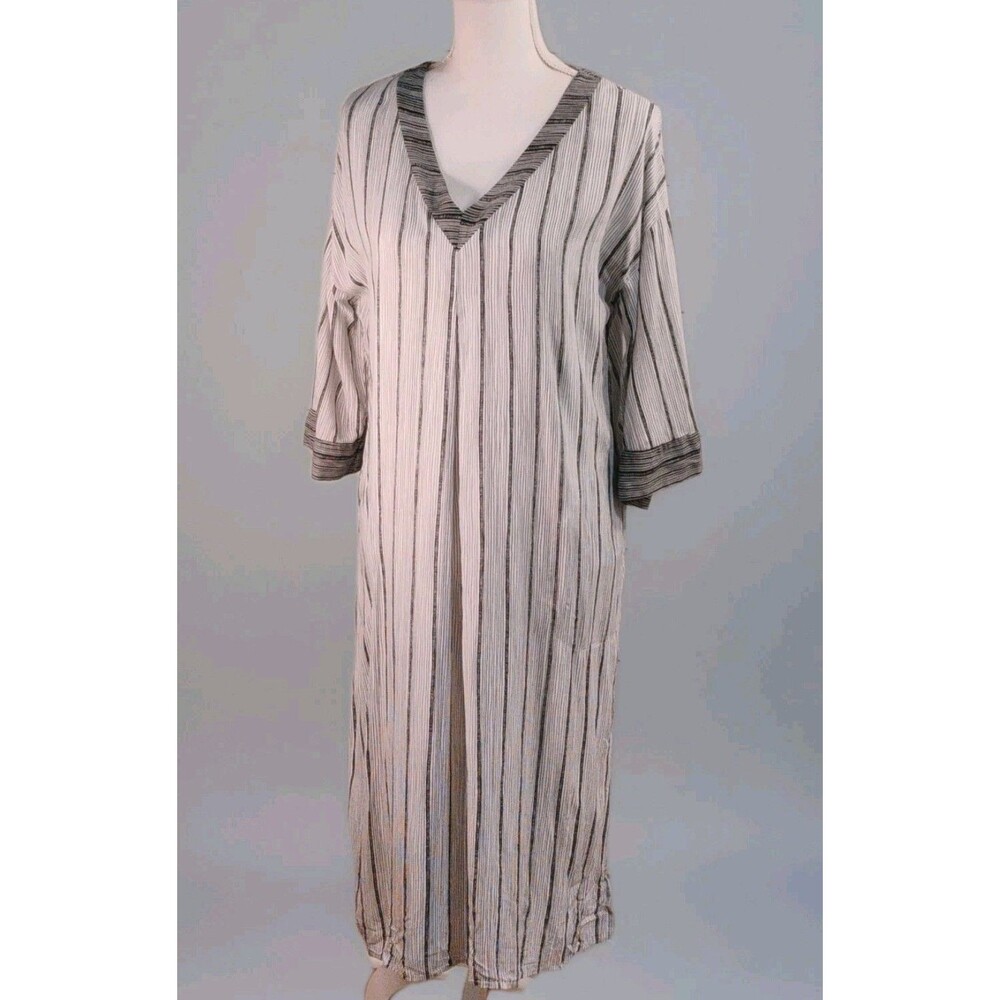 Simply Vera Bl/Wh Striped Beach/Lagenlook Caftan Dress  V-neck w/pockets Rayon S